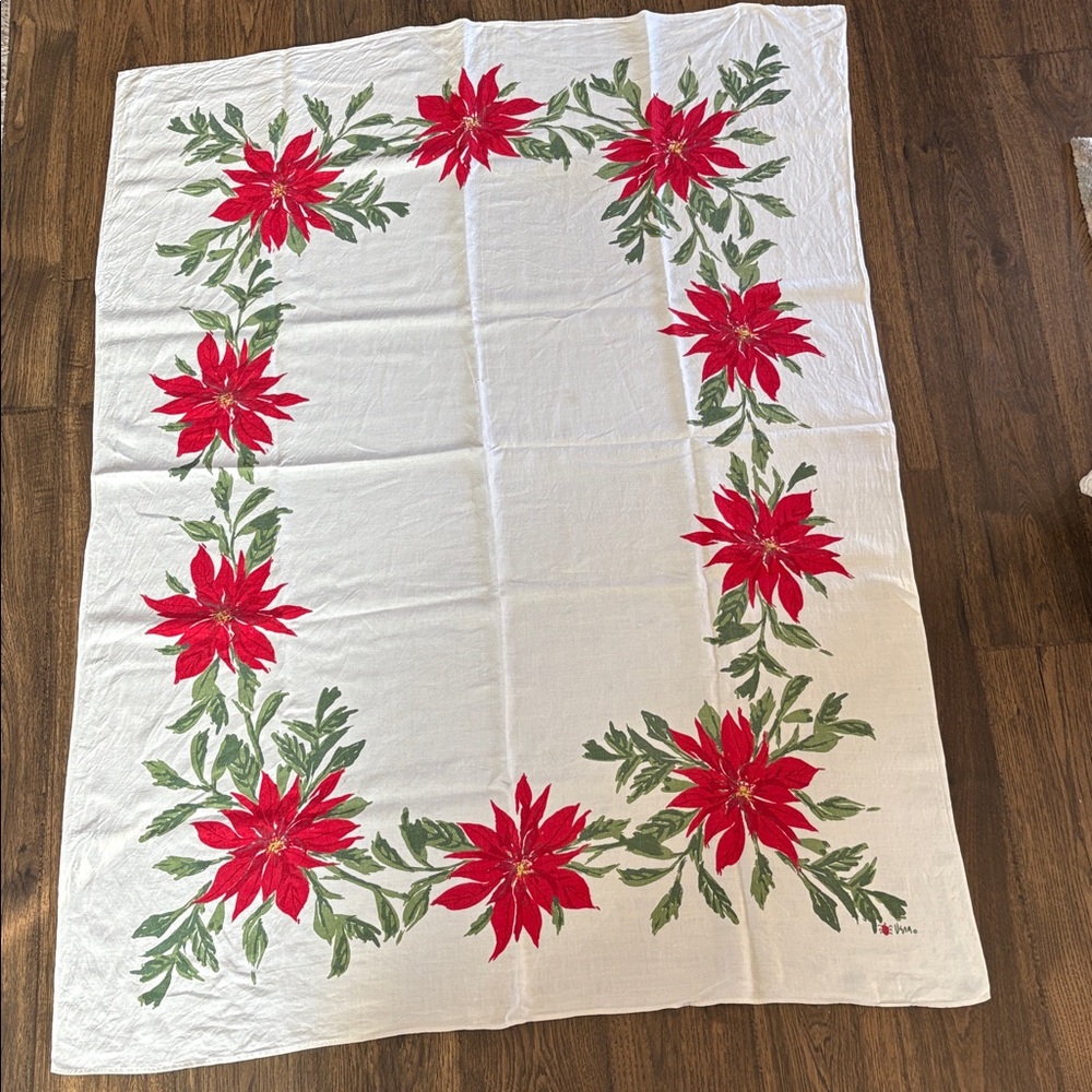 Vintage  "VERA" CHRISTMAS TABLECLOTH Poinsettia On A White Background  64” x 50”